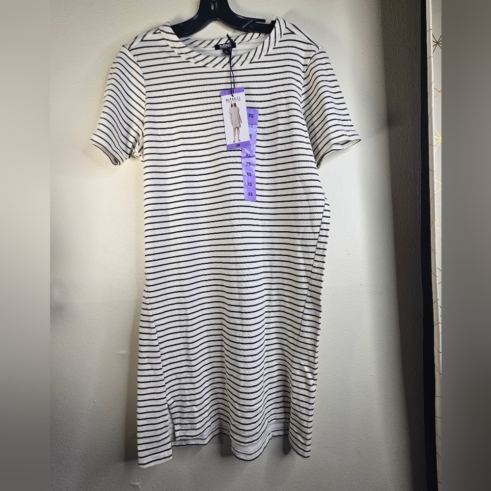 BUFFALO BY DAVID BITTON T SHIRT STRIPED BLACK CREWNECK DRESS Size XS - Picture 4 of 6